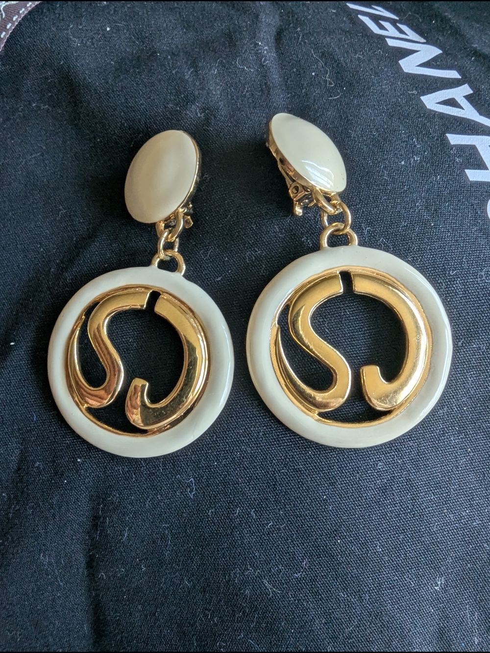 St. John Gold and Cream Circular Drop Earrings - Picture 2 of 10